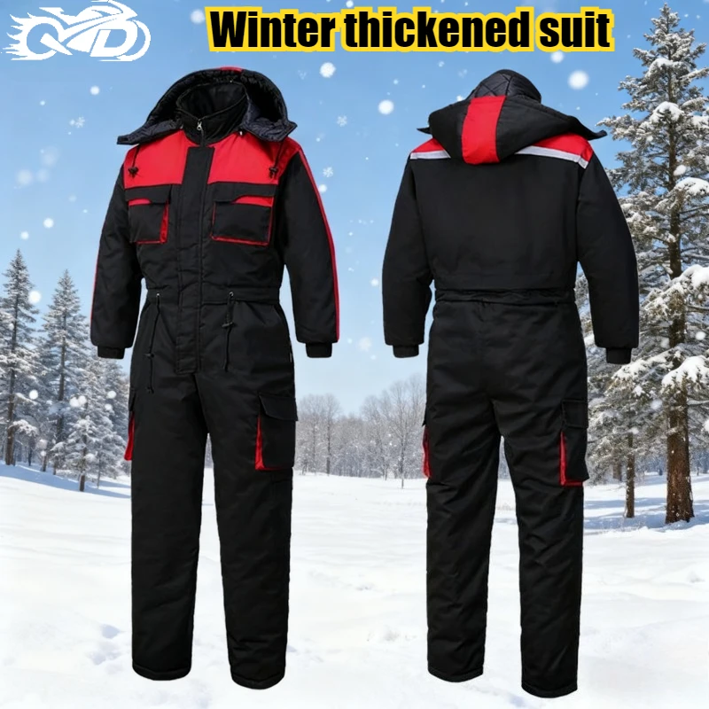 

Winter Jumpsuit Men's Thick Cotton Clothing Waterproof One-Piece Coldproof Riding Jacket Camouflage Warm Hooded Overalls 방한복