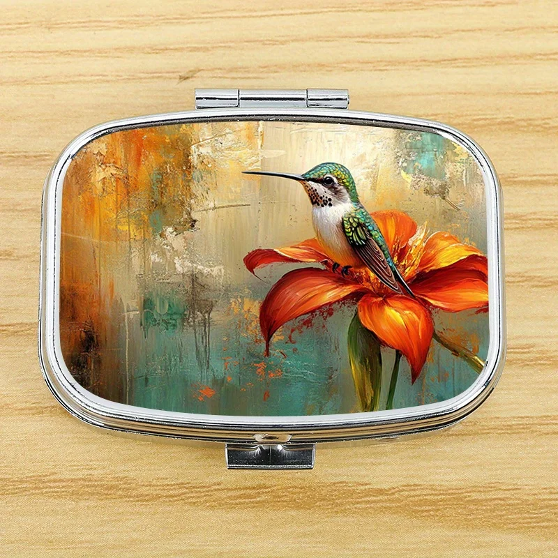 Hummingbird 104 New Patterned Square Multi-Layer Metal Pill Box, a Portable Metal Case Suitable for Travel, Outdoor Activities, or as a Personal Metal Case for Storing Items in a Bag, with the Printed Design Having Potential Slight Variations