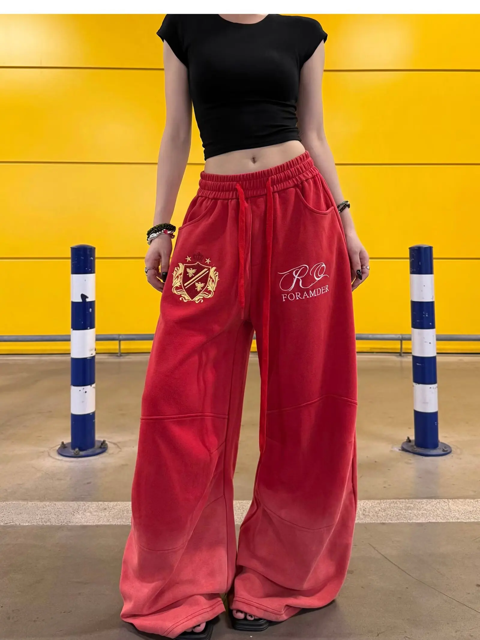 Loose Women's Red Printed Retro Hot Girl Dance Wide Leg Pants Casual Sweatpants Autumn New Style Versatile Loose Fit Pants
