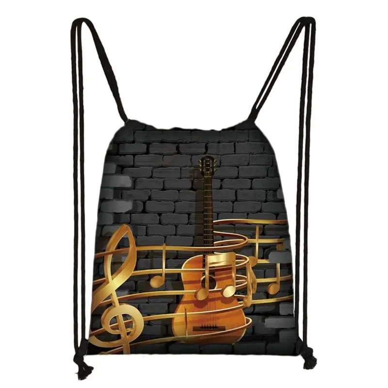 Musical Instrument Print Drawstring Bag Music Notes Backpack Guitar Violin Outdoor Storage Bag Shoes Holder Teenager School Bags