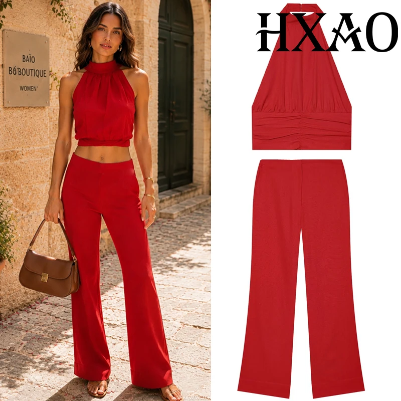 HXAO Red Pants Set Women 2 Pieces Sets Ruched Halter Top Low Rise Straight Leg Pants Linen Suit Backless Top Casual Pants