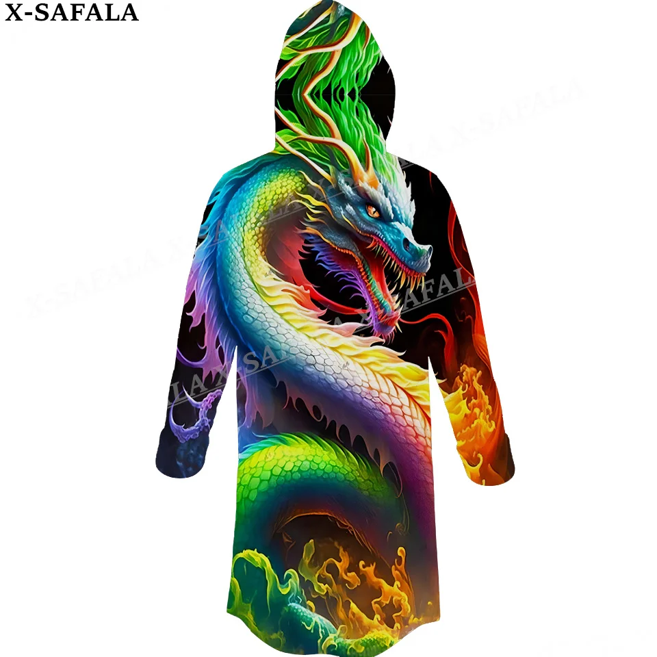 Myth Dragon Art Moon Trippy  Print Thick Warm Hooded Cloak Men Overcoat Coat Windproof Fleece Cape Robe Hooded Blanket-2