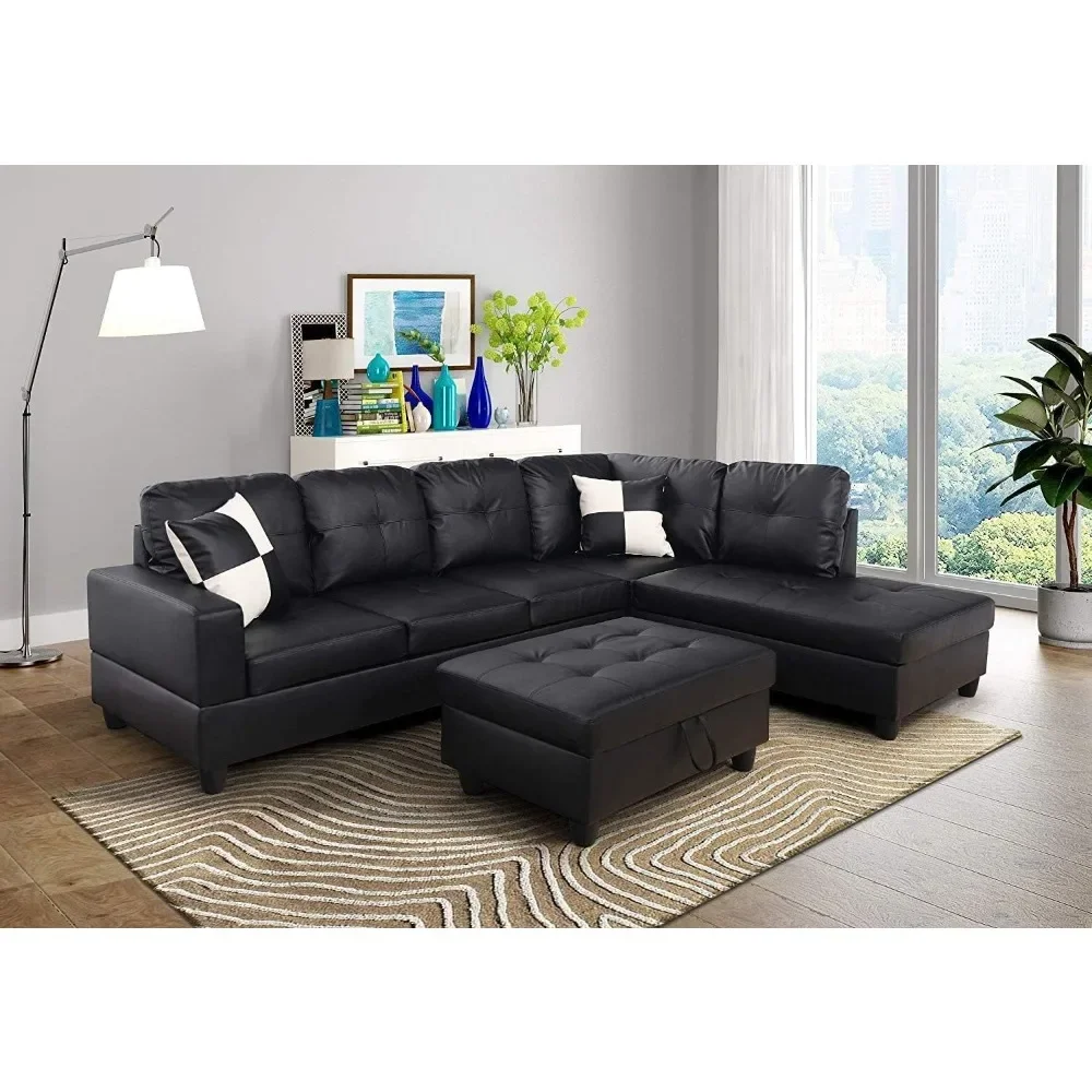 Sofa Sectional Sofa with Chaise Longue, Haussmann, 2 Pillows,for Living Room Furniture,L-shaped Faux Leather Sectional Couch Set