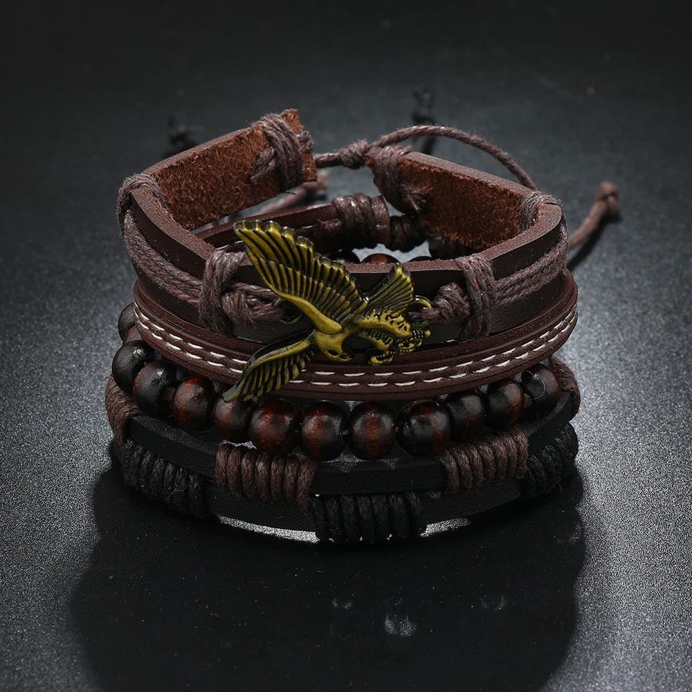 Hip Hop Trendy Wooden Bead Bracelet PU Leather Eagle Alloy DIY Bracelet Set 4 Pieces Hand Woven Multi-layer Leather Bracelet