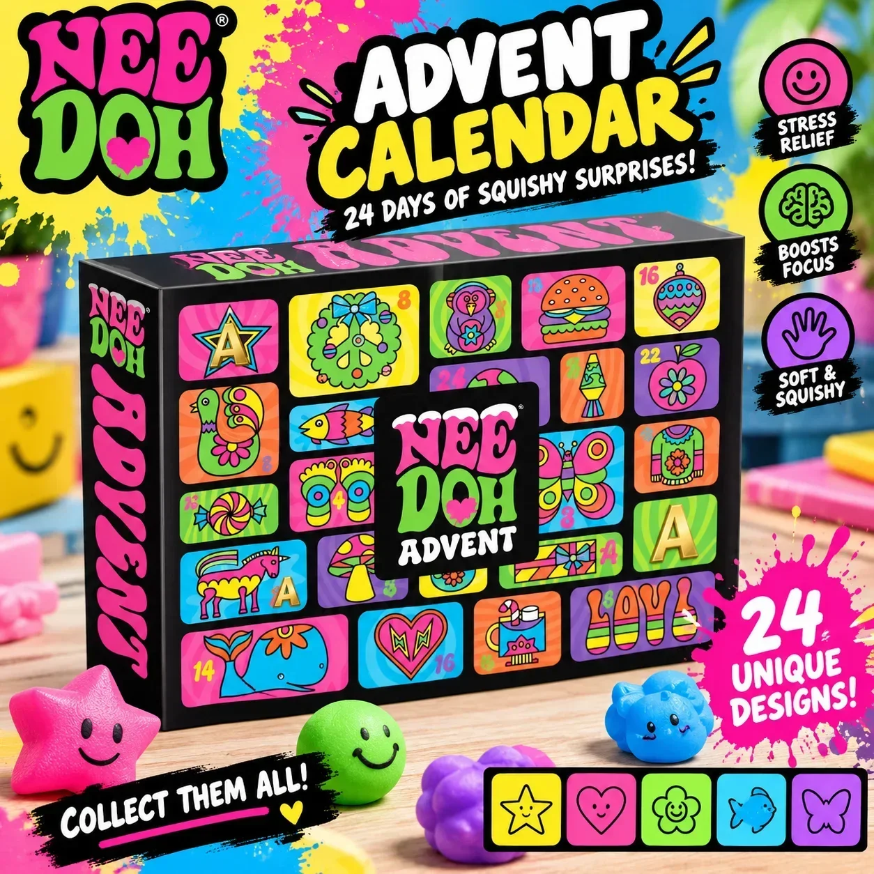 2026 NeeDoh Christmas Countdown Calendar 3D PVC Fidget Doll Advent Calendar Surprise Box Stress Relief Toy New Year Holiday Gift