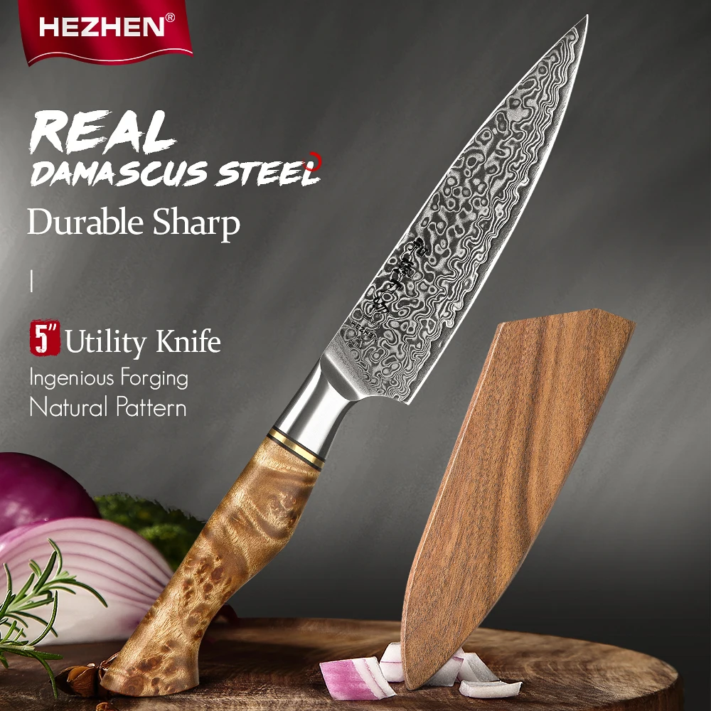 HEZHEN 5 Inch Utility Knife 67 Layer Damascus Steel Super Sharp Cook Knife For Fruit Vagetable Petty Peeling Kitchen Knife