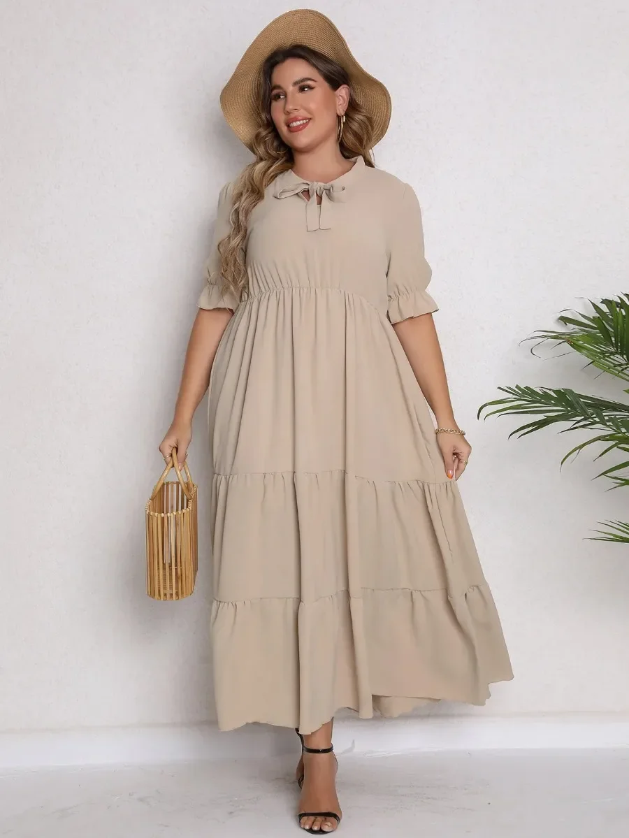 Plus Size New Arrival Fashional Short Sleeve Solid Color Summer Casual Long Dresses For Big Size Women