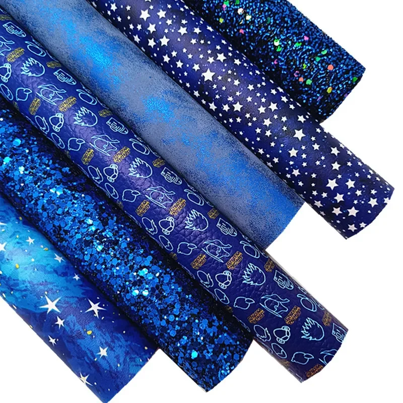 Blue Glitter Leather Sheets Stars Printed Synthetic Leather Metallic Faux Leather Fabric Vinyl for DIY Craft 8.2