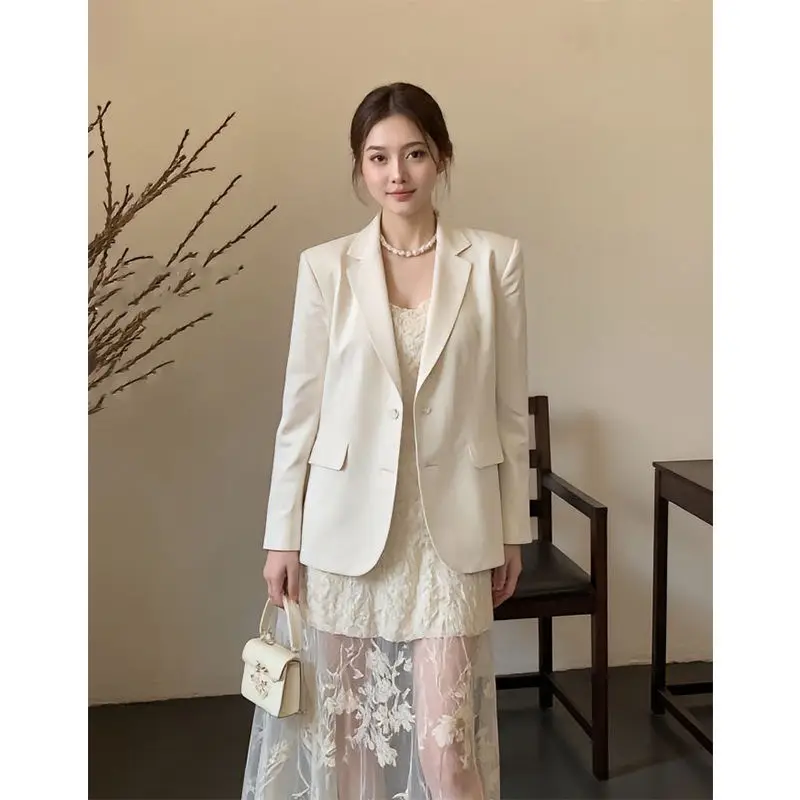 

Французский повседневный женский костюм, весенне-осенний костюм, куртка, платье-бретелька, элегантный женский комплект из двух предметов