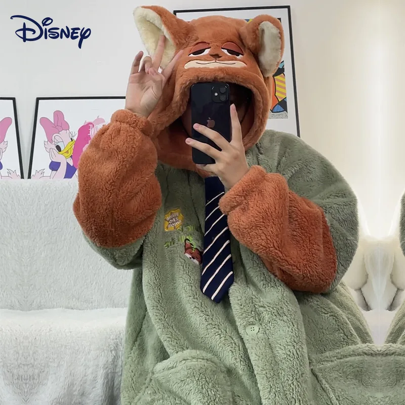 

Пижамы Disney Zootopia с изображением Ника, зимние теплые пижамы из кораллового флиса для пар, взрослых, халат, повседневная домашняя одежда, подарок для девочек