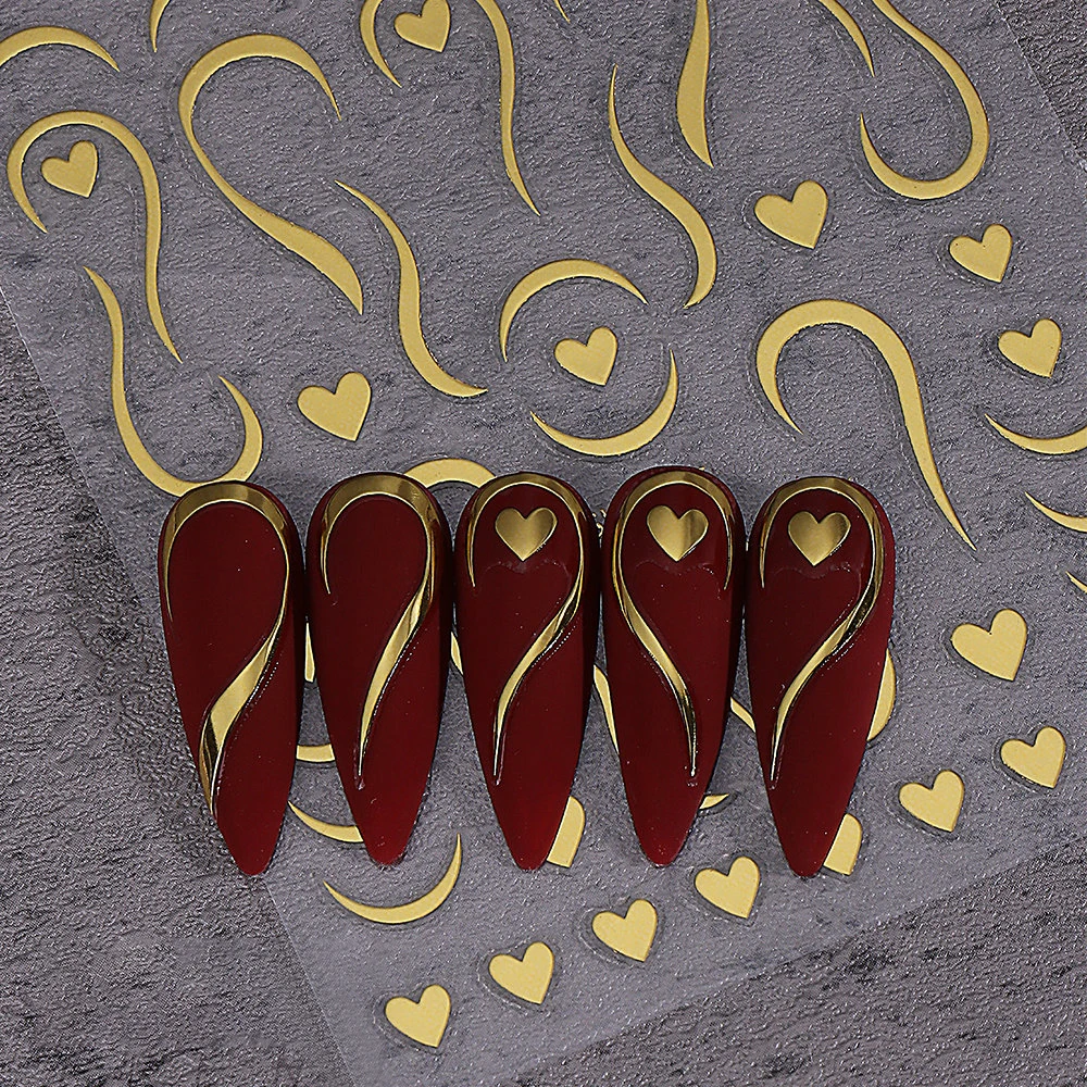 Autocollants pour ongles en forme de cœur, lignes françaises en métal, or/argent, vague d'amour, décalcomanies simples pour la saint-valentin, 1/2 pièces