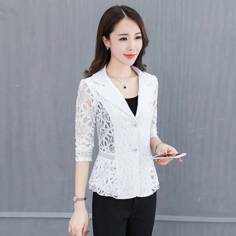 Women\'s Blazer Jacket Korean 2024 Spring Summer New Slim Lace printing Small Suit Jackets Female Elegant Thin Blazers Women Coat