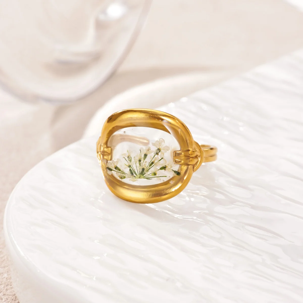 Elegante geometrische ovale Blumenringe für Frauen, goldfarben, Edelstahl, Öltropfen-Ring, Party, Hochzeit, Schmuck, Geschenk – Detail 1