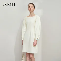 Amii Minimalist Womens Dresses 2025 Autumn New Round Neck Lantern Sleeve Solid Elegant Slim Thin Commute Dresses 12511008