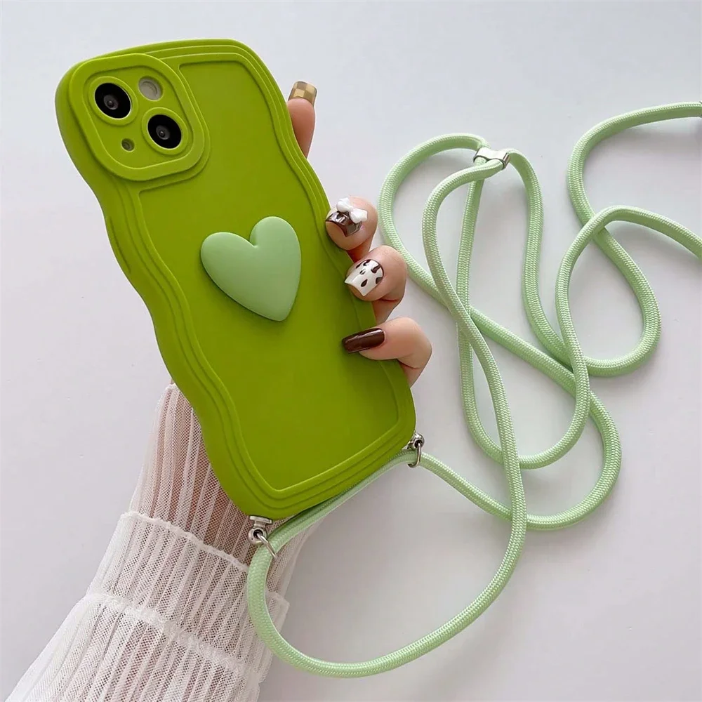 Luxury Crossbody Necklace Lanyard 3D Love Heart Wave Border Soft Case For iPhone 15 14 Pro Max 13 12 11 X XS XR 7 Plus Cover