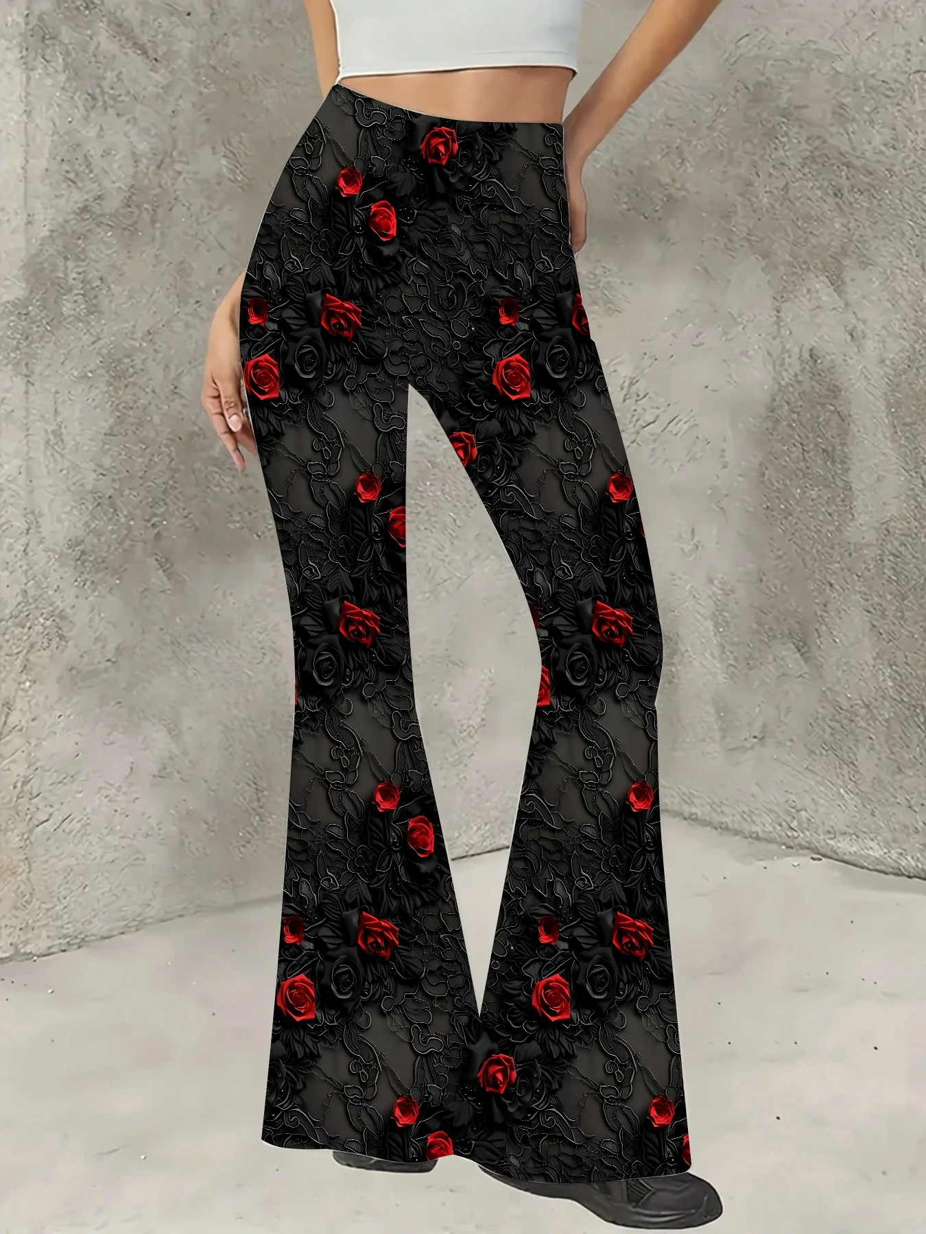 

Women's Boho Printed Flare Pants Vintage Knit High Waist Wide Leg Trousers