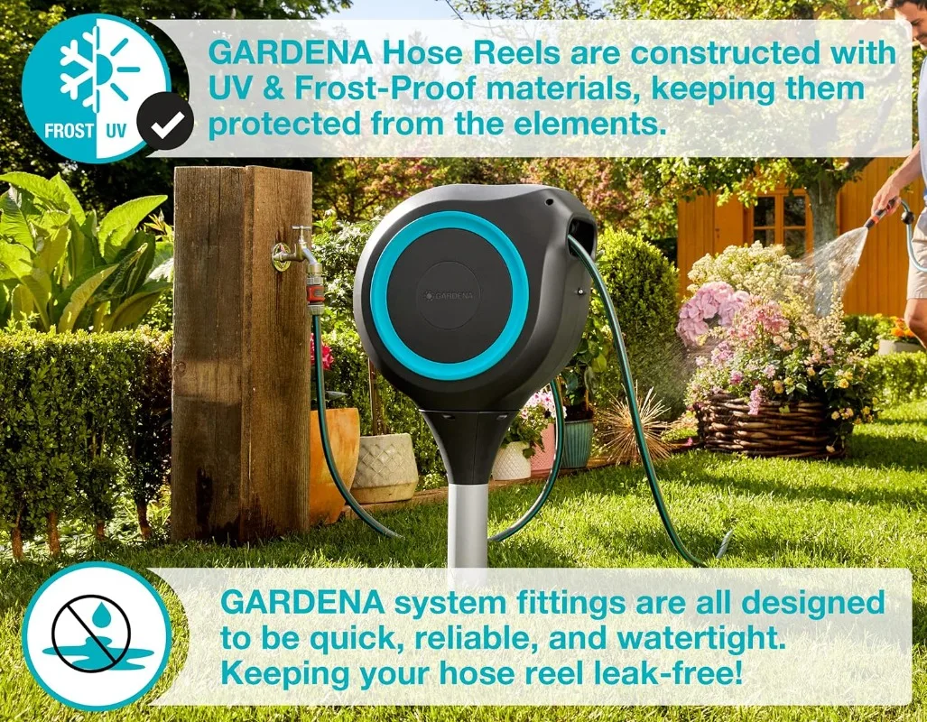 Gardena 66 Foot Auto Retractable Hose Reel on Metal Spike, Feet, Standard, Turquoise, 18614-20