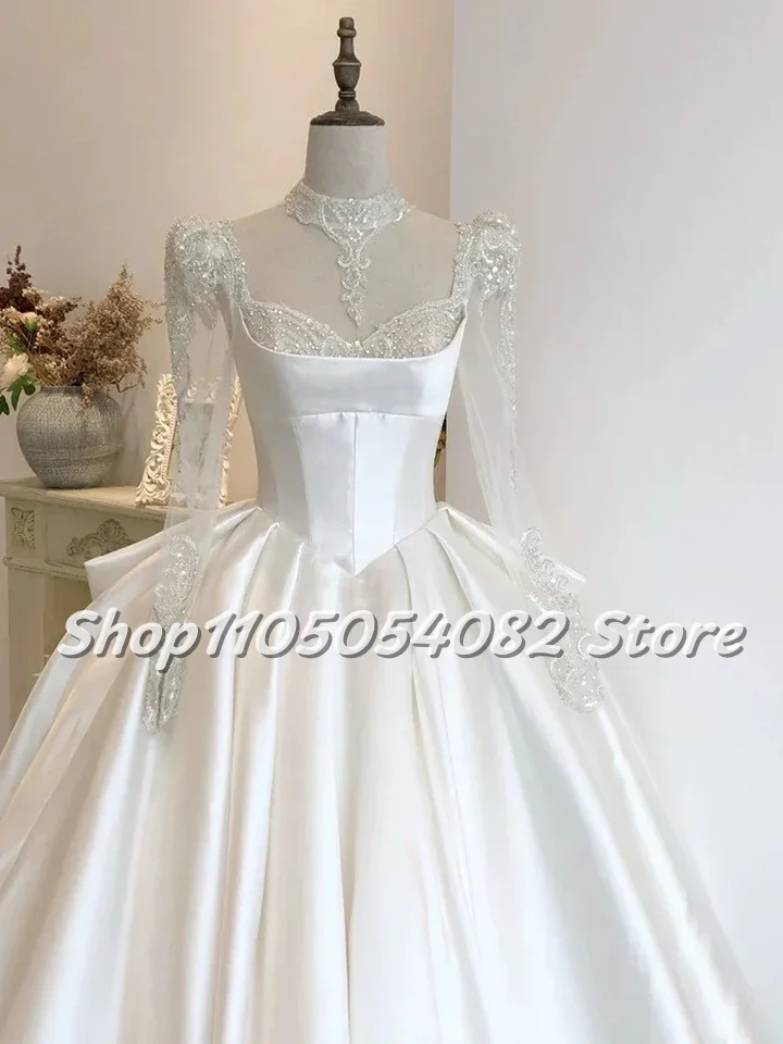 Vestido de novia Vintage elegante de lujo personalizado, encaje de lentejuelas con cuentas, adornado, mangas largas, corte en A, tren, boda sin espalda, 2025
