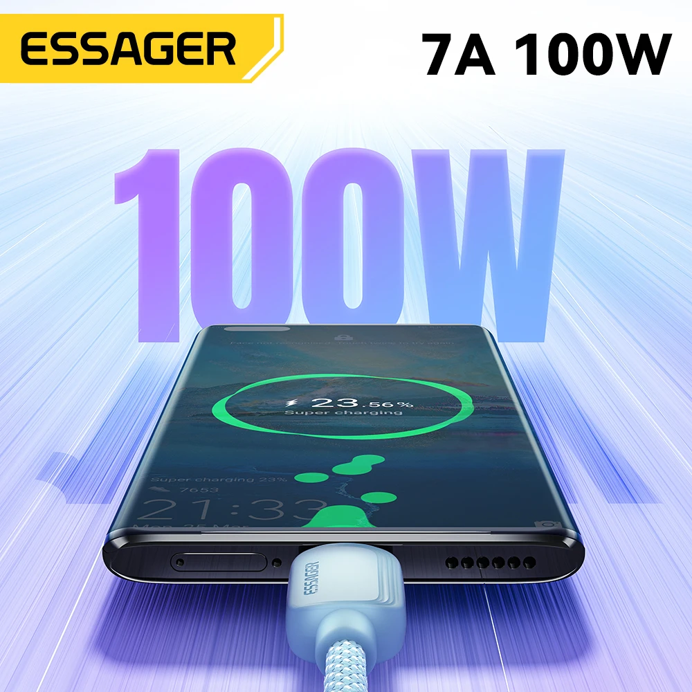 Essager 7A 100W USB Type C Cable For Huawei Honor 88W Fast Charging Charger USB C Data Cord Cable For Xiaomi Oneplus Samsung