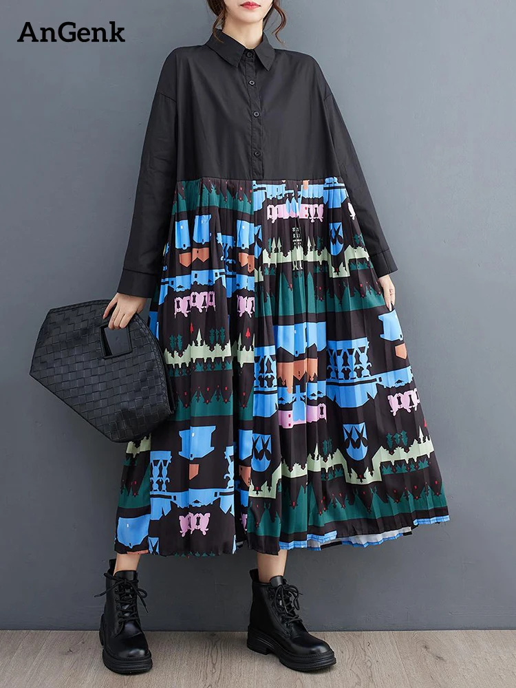 

Patchwork Pleated Vintage Shirt Dresses For Women New Long Sleeve Loose Casual Midi Dress Fashion Elegant Clothing Autumn 2023