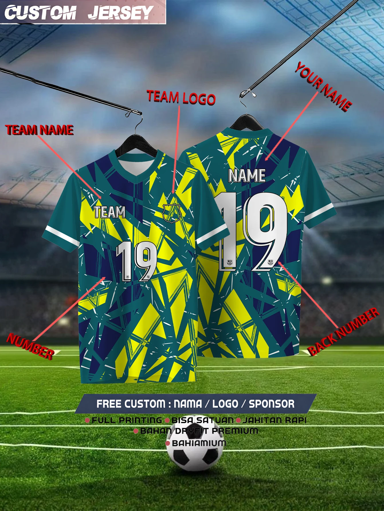 

Customized Geometric Green Short Sleeved Shirt with Team Name, Emblem, Name and Number, Outdoor Sports Short Sleeved T-shirt