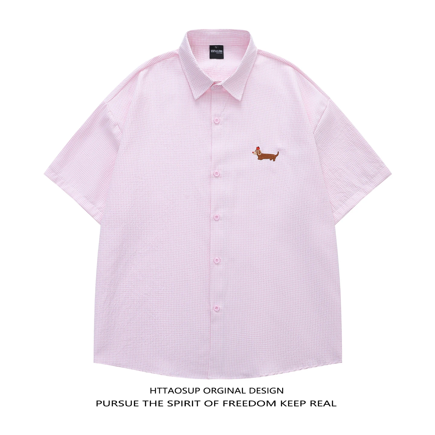 

HTTAOSUP Summer Casual Plaid Dog Embroidery Short Sleeve Loose Fit Shirt for Men And Women Couples Loose Leisure Half Sleeve