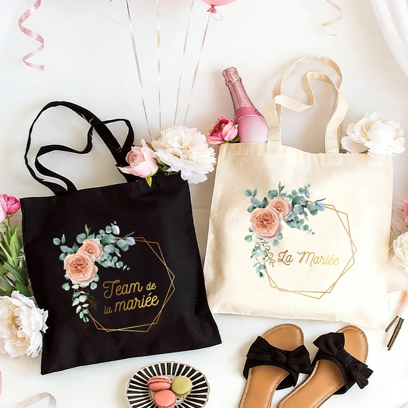 French Bridal Shower Team Bride Tote Bag For Wedding, Floral Wreath Canvas Bags, Bachelorette EVJF Party Gift For Bridesmaids