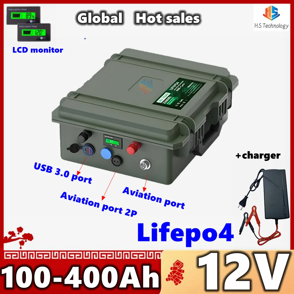 12V 200Ah 100Ah150Ah 300AH 400AH LiFePO4 Battery 2560Wh Bluetooth BMS Fish Boat Motor Battery 6000+ Cycles IP56 USB QC Charger