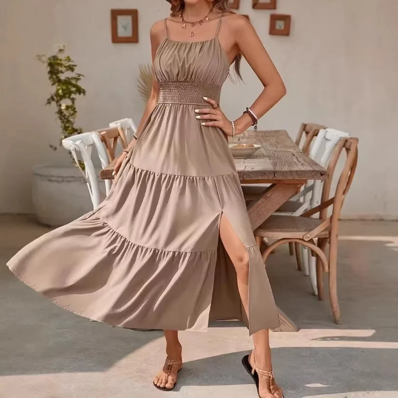 2026 Frühling Sommer Damenkleid Ärmellos Mehrlagig Tailliert Figurbetont Einfarbig Langes Kleid