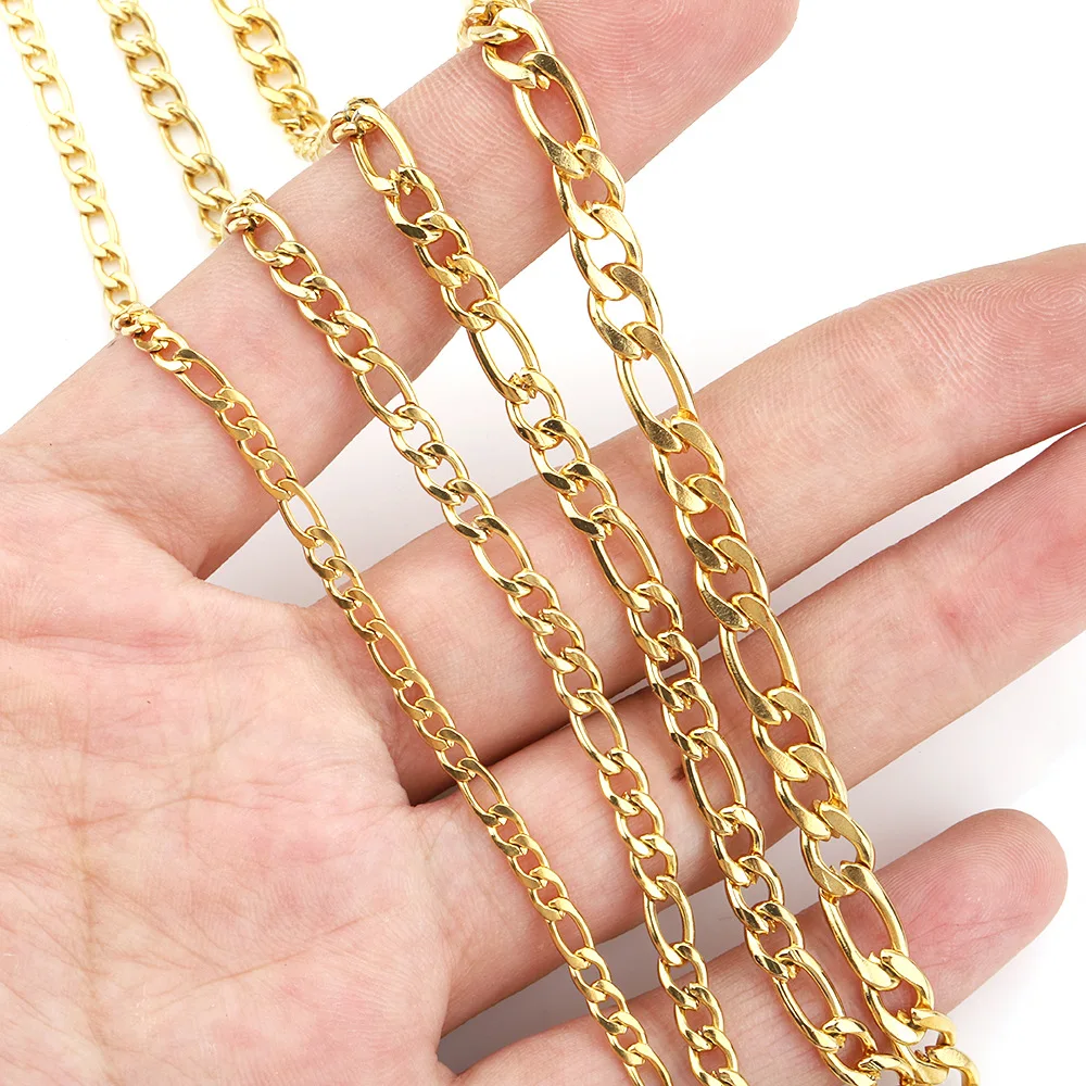 5 Meters Stainless Steel Figaro Chain Roll Bulk Wholesale 18K Gold Plated Flat Curb Link Chains for Jewelry Handbag Making DIY