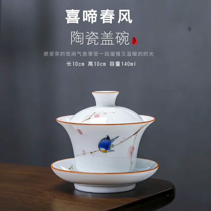 Cuenco de porcelana blanca pintado a mano, Sancai Gaiwan, cerámica grande azul y blanca, juego de té Kungfu, fabricante de té