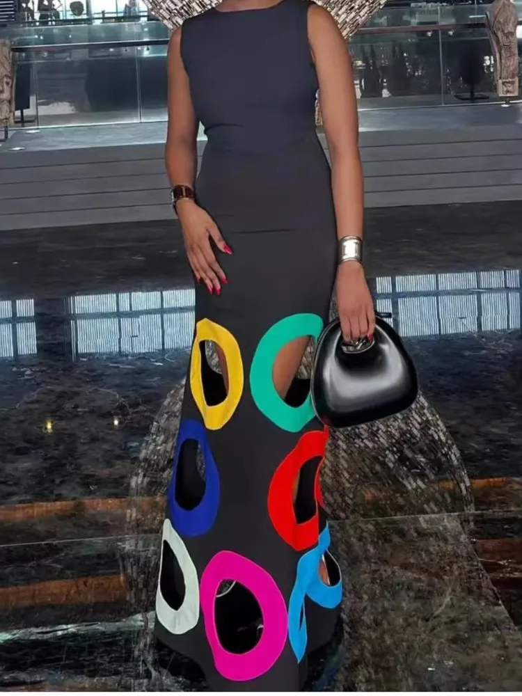 

Sexy Hollow Out Bodycon Long Dress For Women 2025 Fashion Elegant Casual Sleeveless Maxi Vestidos Slim Vacation Party Dresses