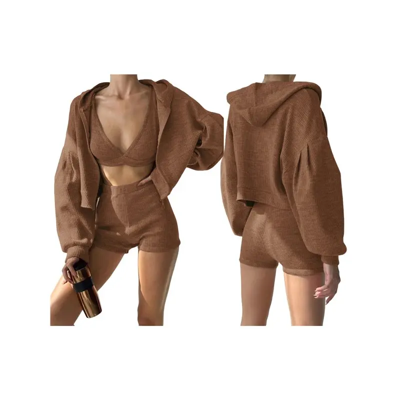 

CYL-Women Piece Outfits Long Sleeve Crop Zipper Hoodie And Suspenders Shorts Tracksuit Set