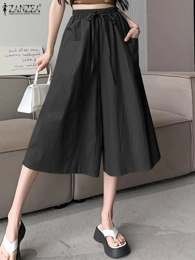 

ZANZEA Korean Loose Cropped Pants Women Wide Leg Short Trouser 2024 Summer Casual High Waist Pantalon Fashion Streetwear Pants