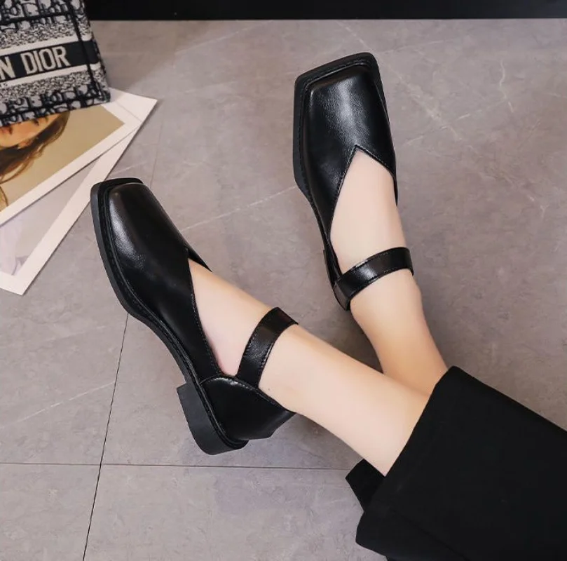 Normal Leather Casual Square Toe White Office Shoes for Women 2024 Ladies Summer Footwear Low Heel Elegant Chic Point Popular E