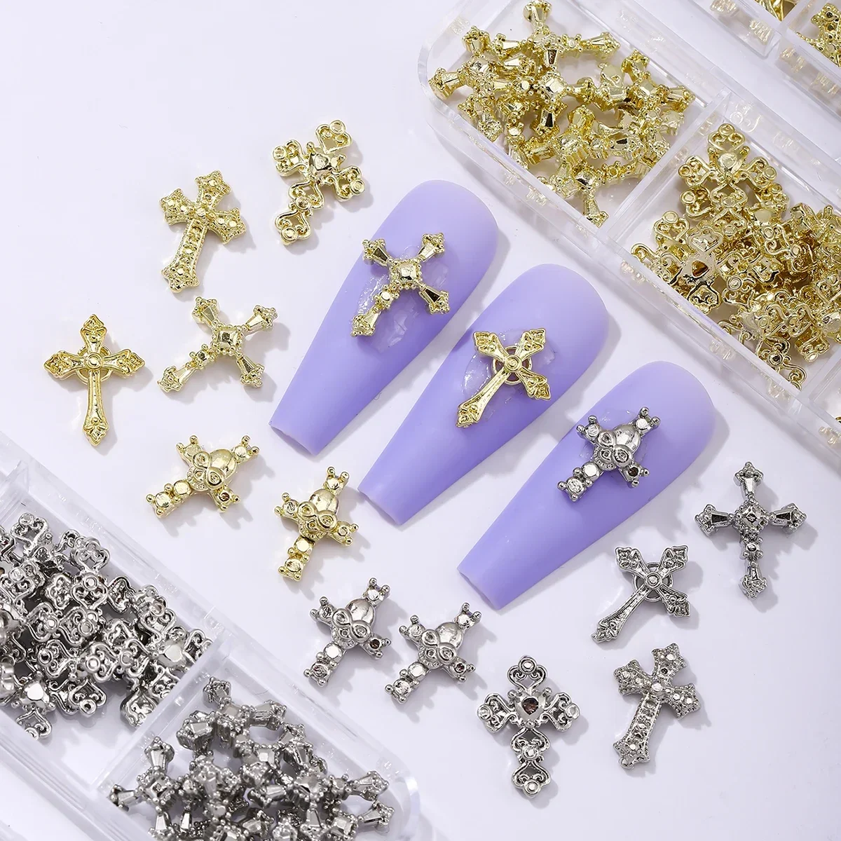 60pcs/box Punk style skull cross alloy nail decoration, cross DIY nail decoration, cyber style cross metal diamond