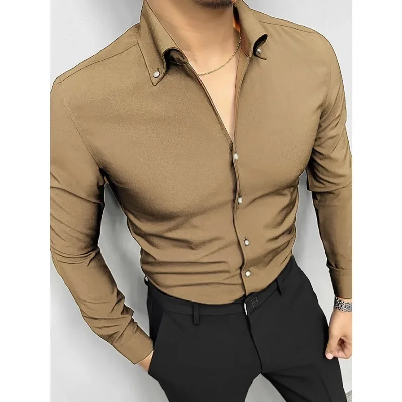 

2024 Spring New Mens Shirt Solid Color Versatile Casual Polo Collar Men's Long Sleeve Shirts