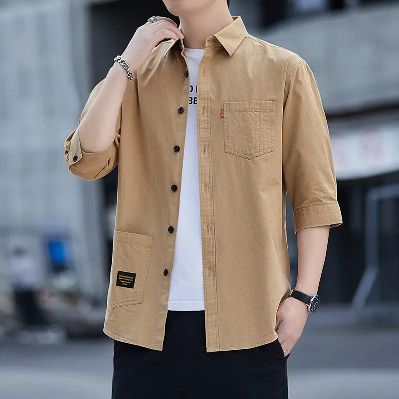 

Men's Short Sleeve Work Shirt Summer Wear Resistant Six Sleeve Middle Length Outerwear Garment Loose Fit Splice Pocket No Iron