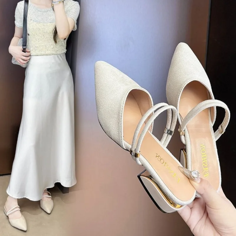 

Summer New Fashion Pointed Toe Fashion Two-wear Comfortable Sandals Thick Heel Sexy Elegant Fashion Slippers Plus Size 43 44 45