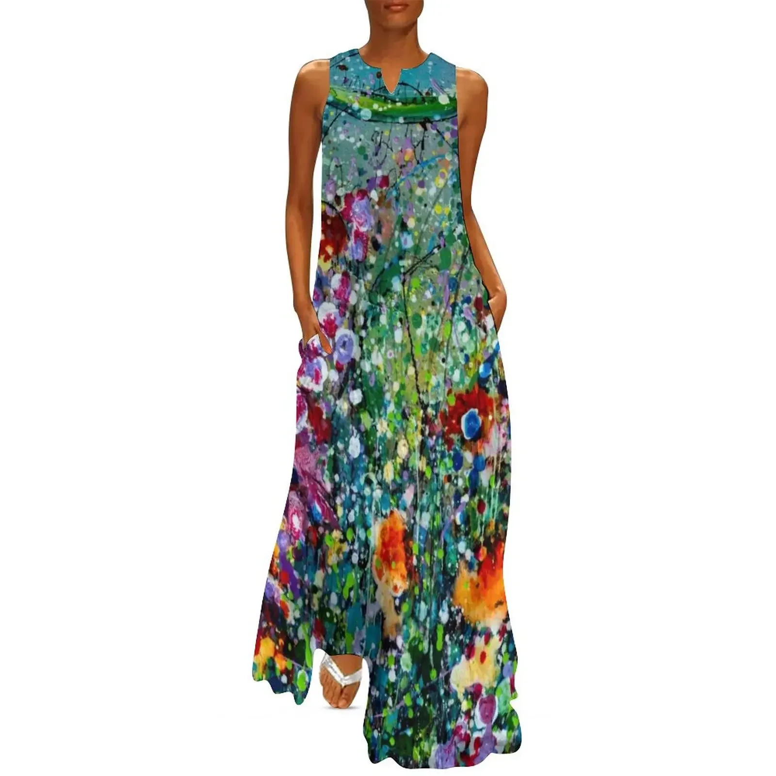 

Whimsical Spring Meadow Flowers Jackson Pollock Inspired Long Dress womens clothing Dress