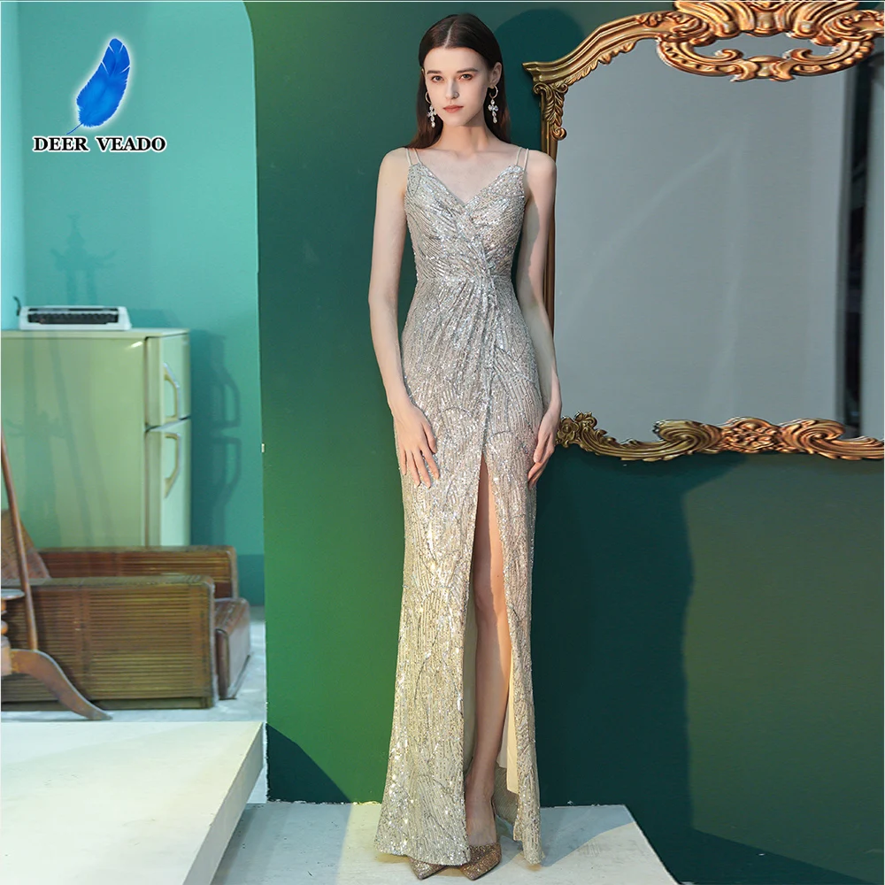 

DEERVEADO Sexy High Split Evening Dresses for Woman Strap Prom Party Maxi Dress Long Sequins Formal Occasion Dresses