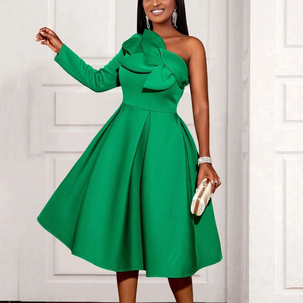 

Sexy Green Dresses for Women One Shoulder Full Sleeve High Waisted Pleated Mid Calf Elegant Birthday Party Dinner Vestidos Mujer