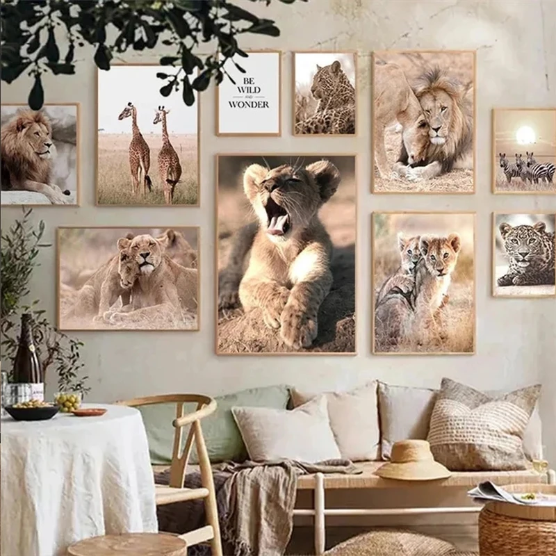 (2D Canvas Painting) African Grassland Animal Scenery Poster Autumn Canvas Painting Lion Zebra Giraffe Prints Pictures for Mo