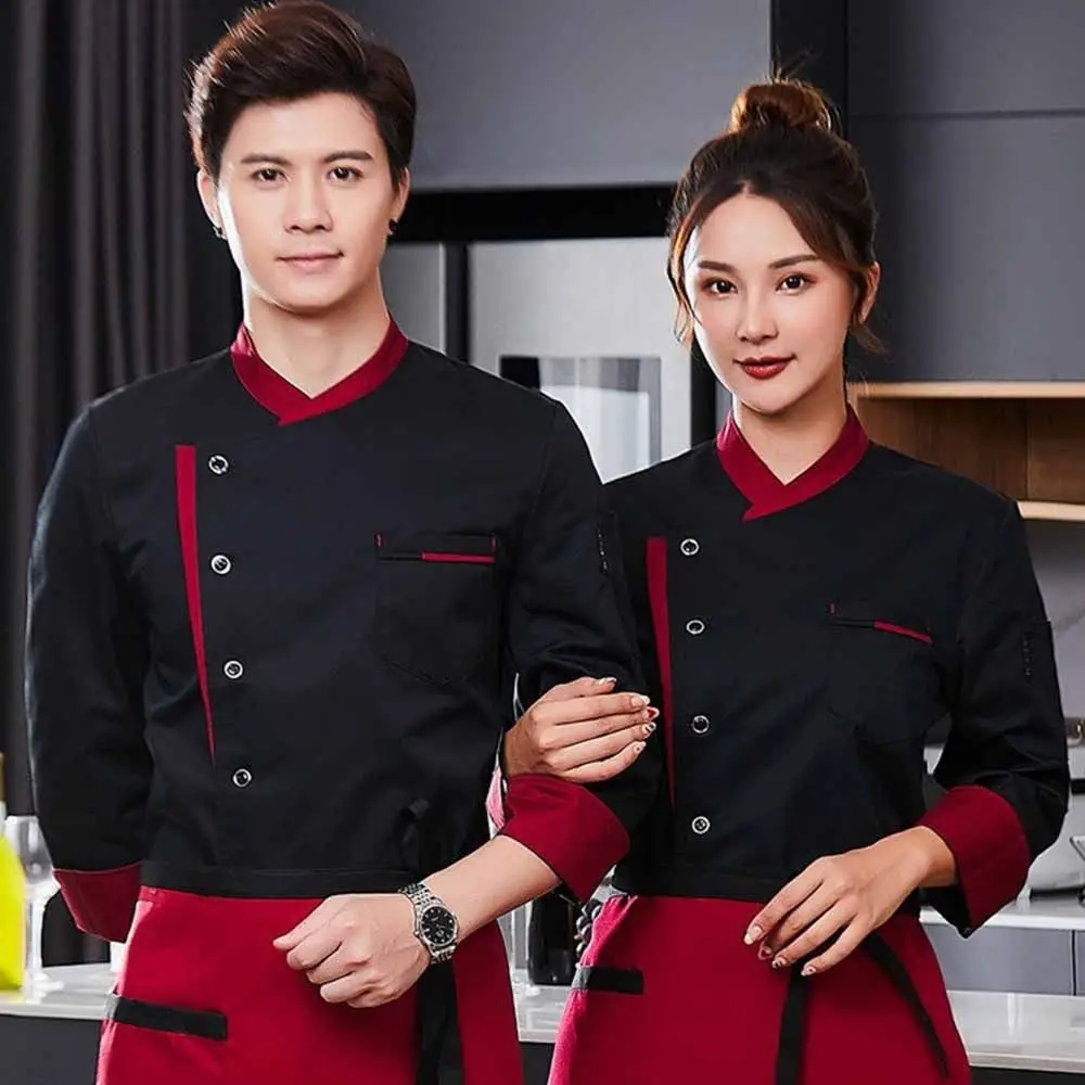 Uniforme de chef de manga comprida estilo ocidental jaqueta de chef respirável preto/branco/vermelho engrossado roupas de trabalho de cozinha serviço de alimentos