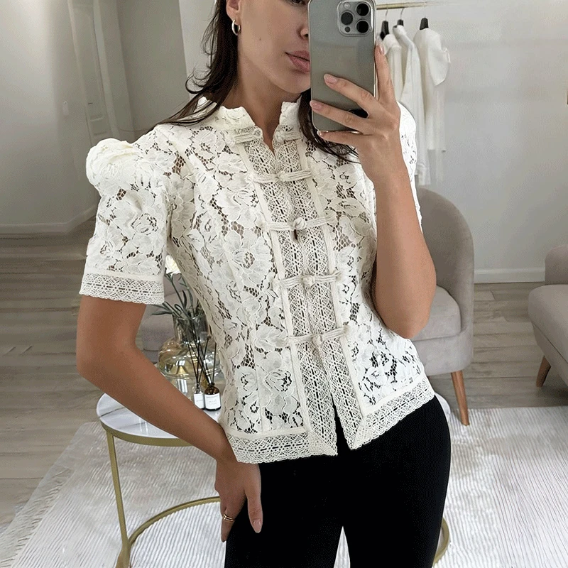 

Ticketsx Summer Lace Button Blouse Women's Fashion New Hollow Out Patchwork Slim Shirt Top Elegant Streetwear Commute Female Top