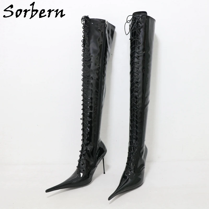 Sorbern Black Patent Over The Knee Boots Women Custom Leg 12cm Metal High Heel Boot Stilettos Lace Up Plush 12Cm 14Cm 16Cm 18Cm