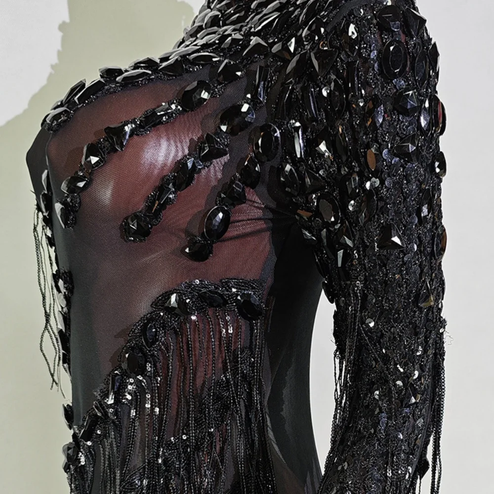 Vestido transparente sexi con borlas y diamantes de imitación brillantes para mujer, trajes de baile latino con un hombro, Bar, fiesta en club nocturno, disfraz nuevo