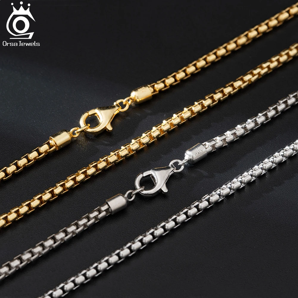 ORSA JEWELS Authentic 18K Gold 3mm Round Box Chain Necklace for Men Women Fashion 925 Silver Choker Necklace Party Jewelry NMN08