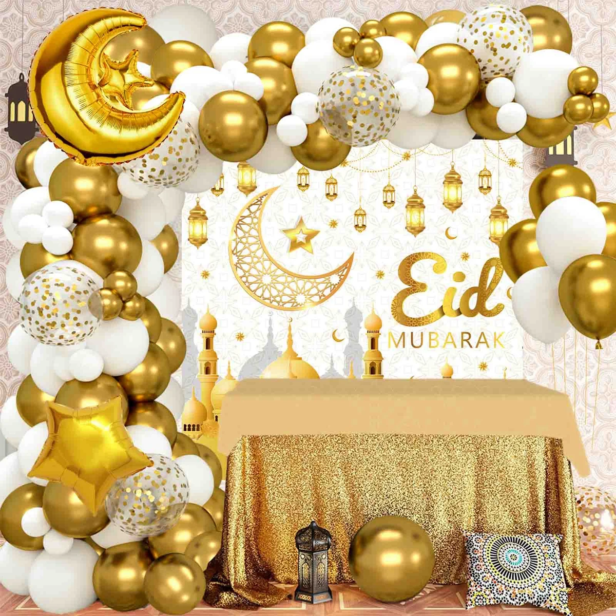 Eid Mubarak Background Balloon Garland 2025 Ramadan Decoration for Home Ramadan Kareem Eid Al-Fitr Muslim Islamic Party Supplies