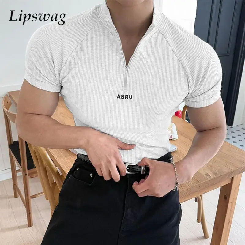 Vintage Zip-up Stand Collar Polo Shirts Mens Casual Short Sleeve Slim Elastic Polo Shirt Fashionable Men's Sports Fashion Polos